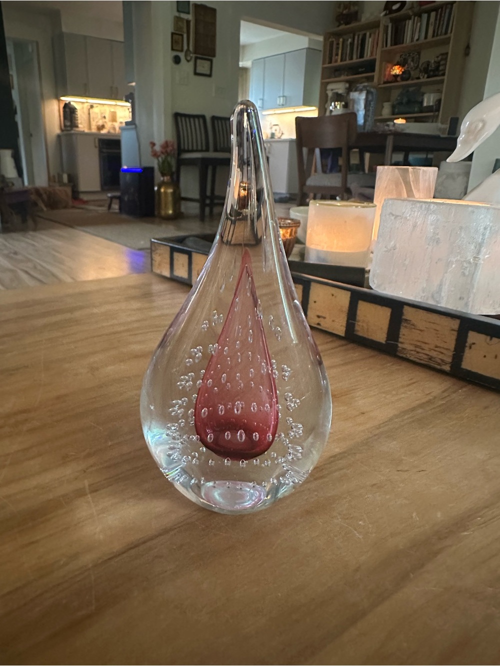 Vintage signed Handblown Glass Teardrop paperweight raspberry pink